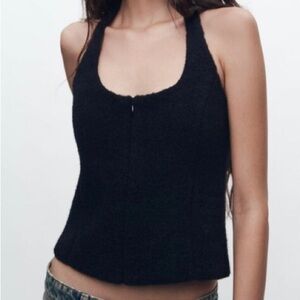 NWT Black Zara Halter Fuzzy Center Zip Open Back Crop Top Size XXL